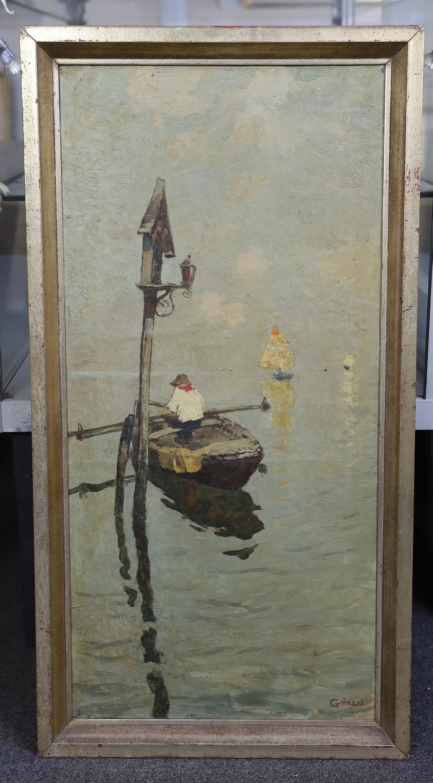 Guido Grimani (Italian, 1871-1933), Fishing boats off Venice, oil on canvas, 78 x 37cm
